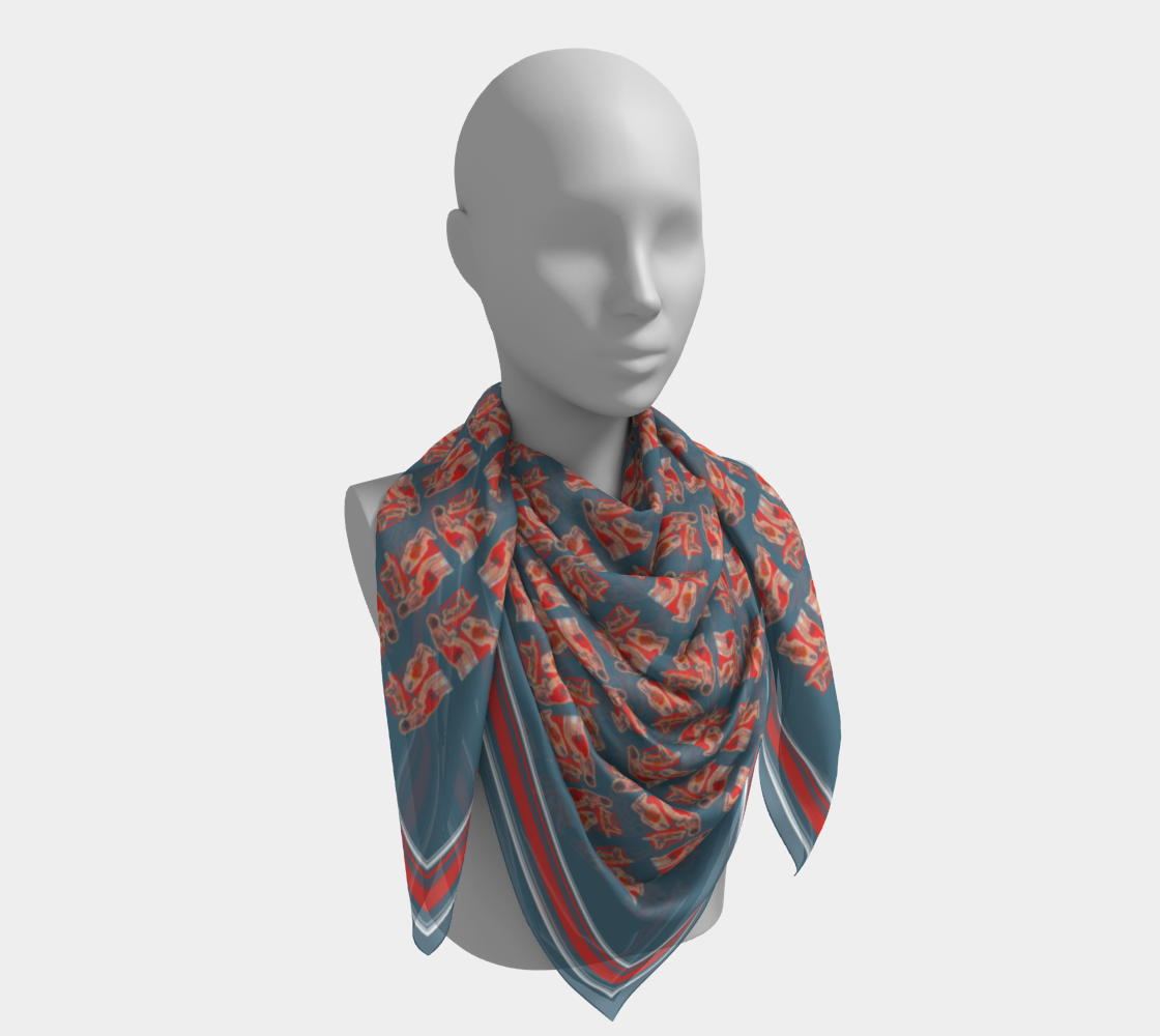 Chic 100% Silk Habotai scarf elegantly styled on a mannequin, highlighting the vintage postcard motif with red and white figures on a deep blue field. Designed by Leeloo + Zohan.