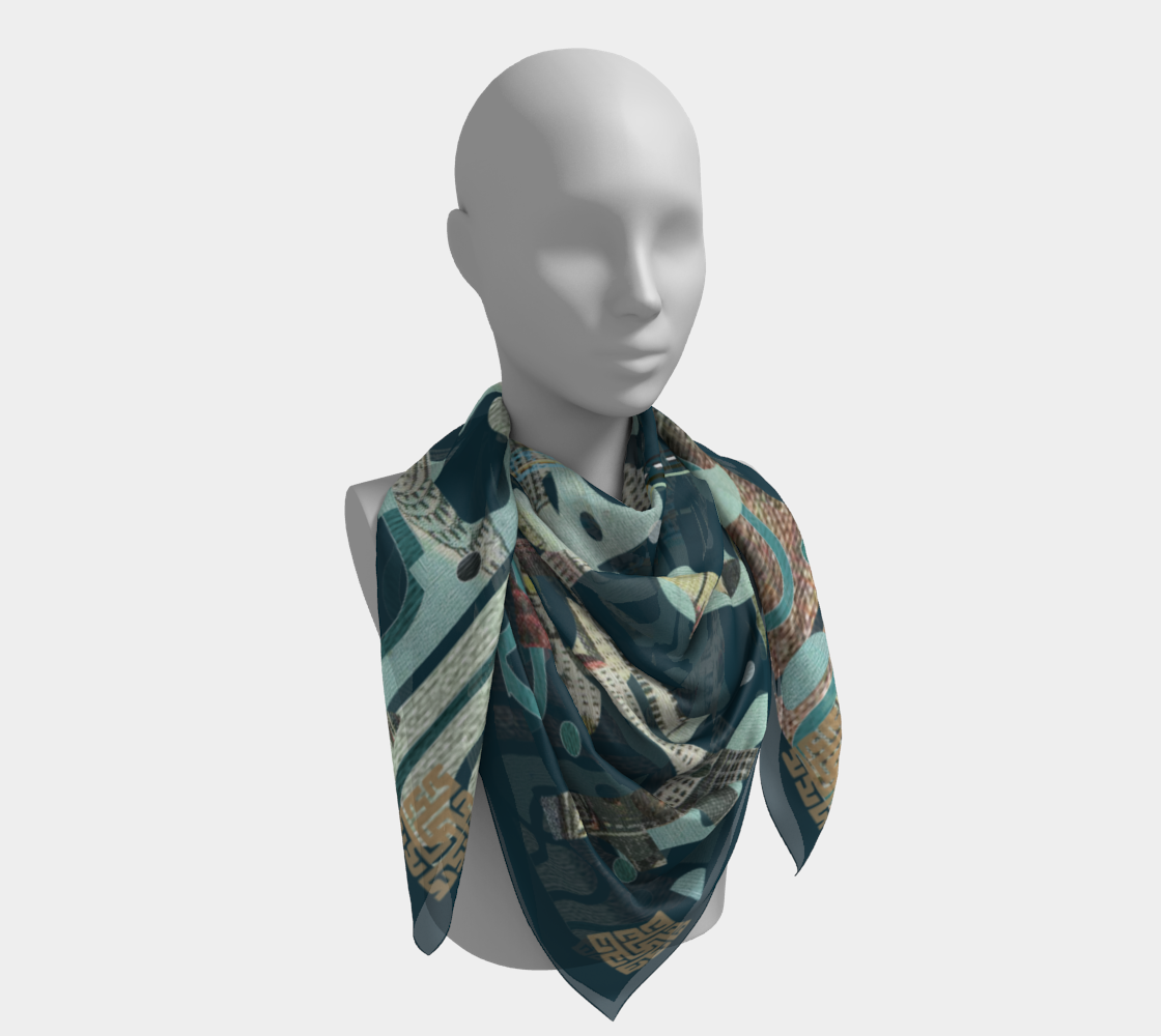 Elegant display of the Chrysler Building silk scarf by Leeloo + Zohan, emphasizing its vibrant colors and intricate design motifs.