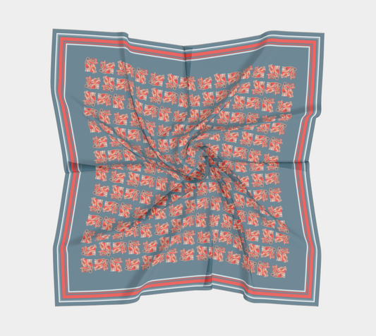 Stylish folded 100% Silk Habotai scarf showcasing vintage postcard design with a repeating pattern of red and white figures on a blue background. Designed by Leeloo + Zohan.