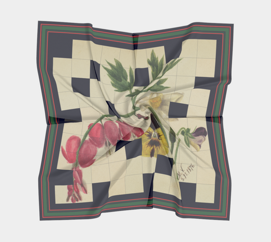 Silk scarf featuring a vibrant floral design with a checkerboard background, crafted in luxurious silk by Leeloo + Zohan, based on the artwork by M.M.V. from the Smithsonian American Art Museum.