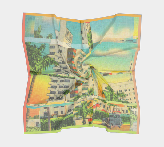 Silk scarf showcasing a twisted design of the Shelborne Hotel vintage postcard, designed by Leeloo + Zohan.