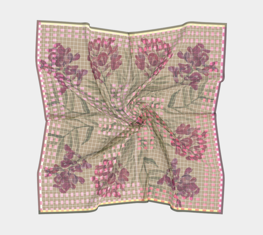 Twisted silk scarf showcasing layered floral and grid design in pink and taupe, created by Leeloo + Zohan, titled 'Smithsonian American Art Museum, Flowers from The Mesa'.