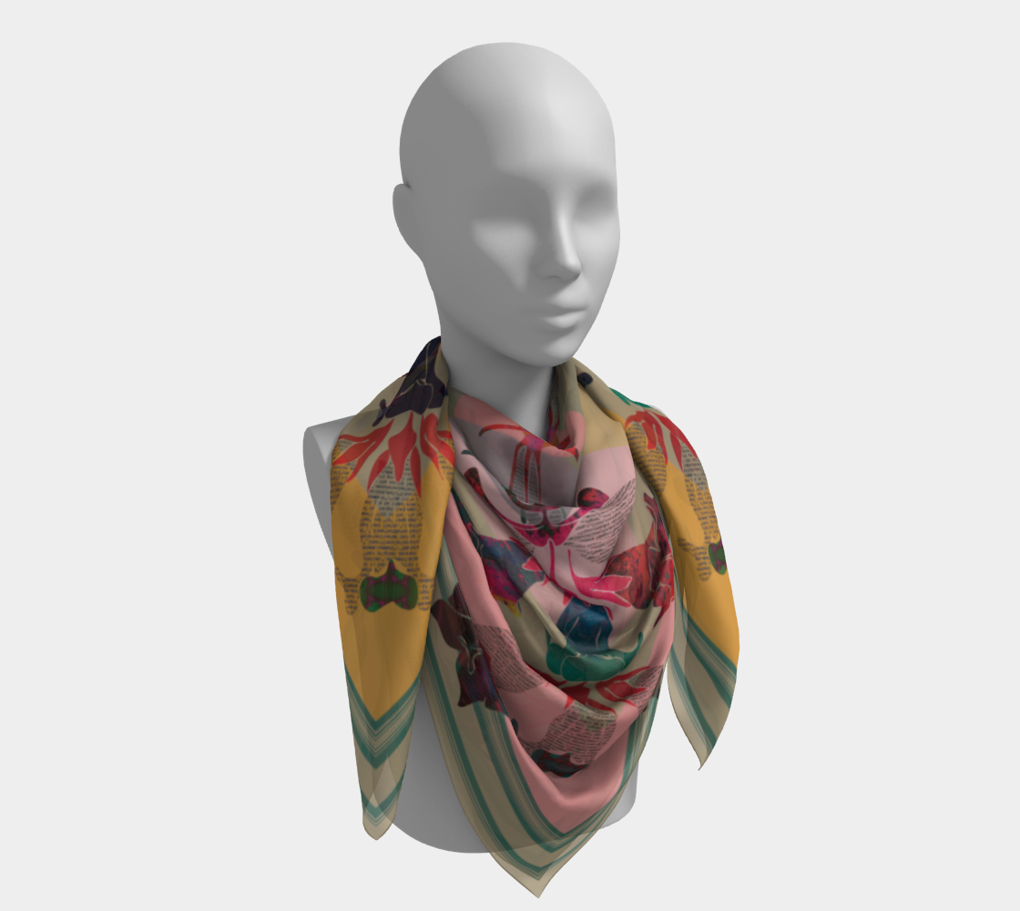 American Folk Art 100% Silk Scarf by Leeloo + Zohan draped on a mannequin, featuring bold floral artwork and elegant color scheme.