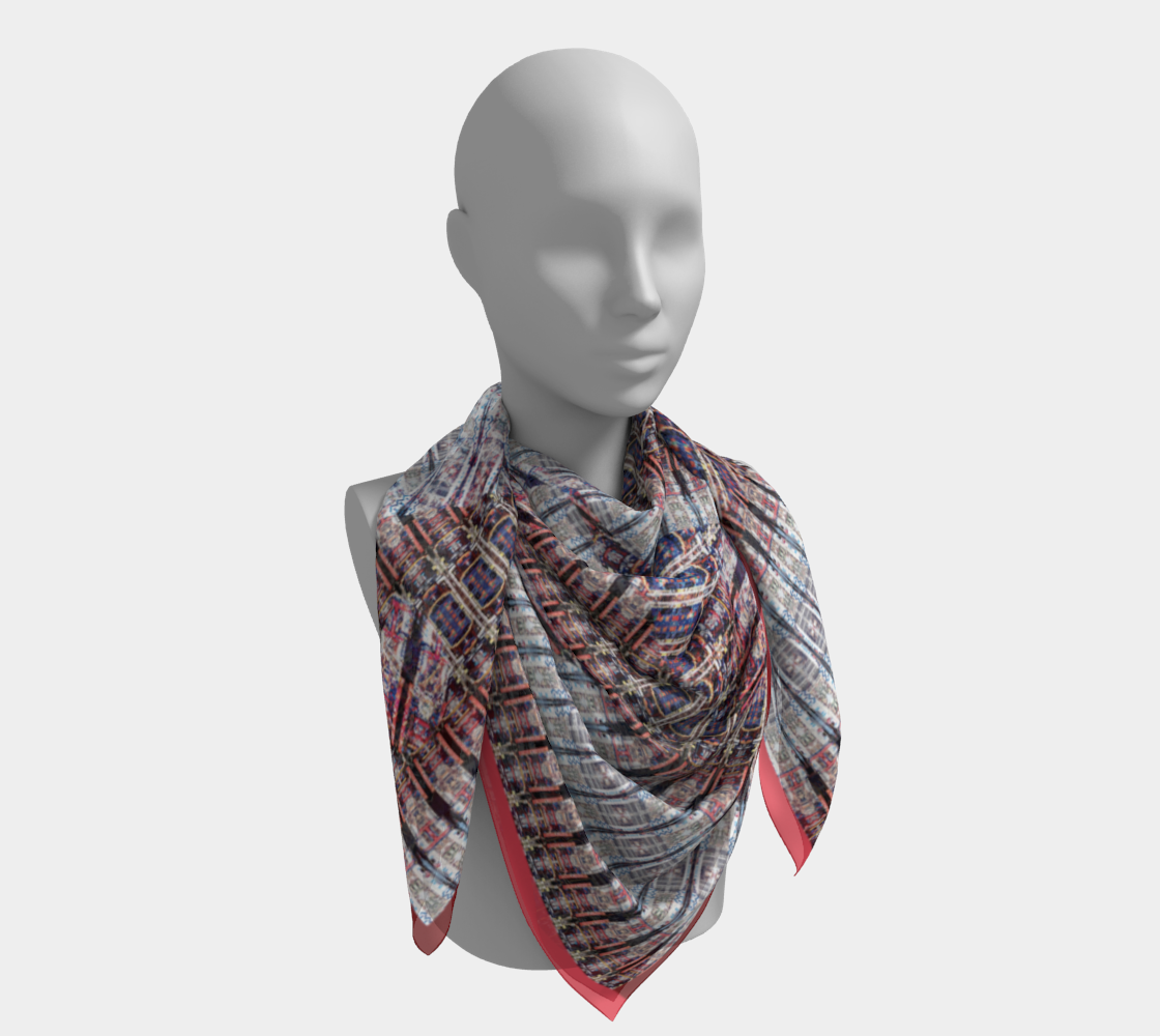 Elegant silk scarf around a mannequin's neck, featuring a NY City-themed geometric design by Leeloo + Zohan, titled 'Red Hook, Brooklyn'.