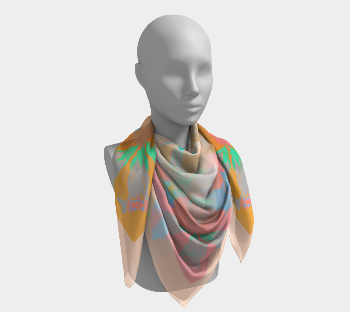 Stylish presentation of the American Folk Art Silk Scarf from Leeloo + Zohan draped elegantly around a mannequin, displaying its floral motifs.