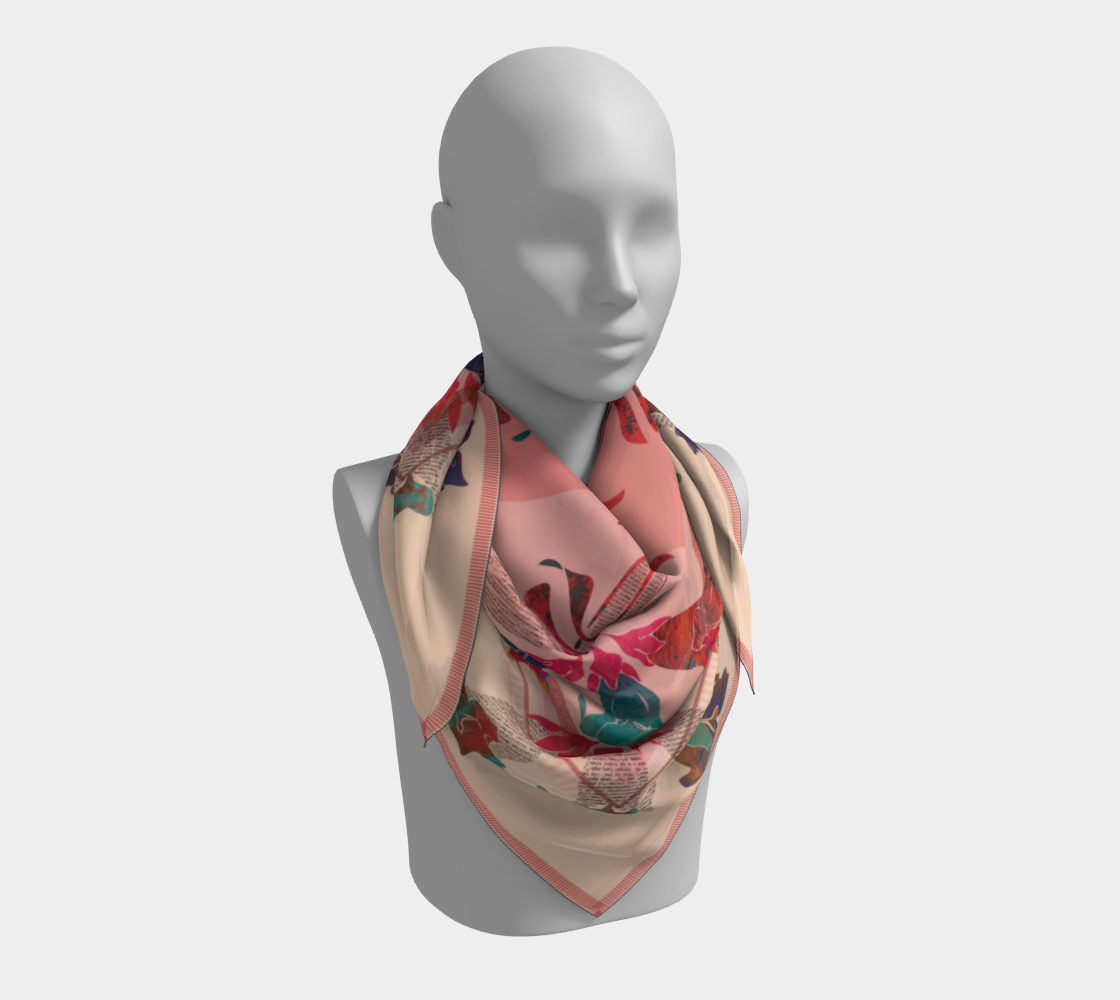 Vibrant 100% Silk Habotai Scarf with Folk Art Design by Leeloo + Zohan draped gracefully, featuring vibrant colors and floral patterns, suitable for elegant styling.