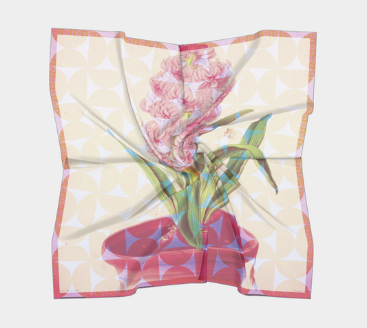 Folded Smithsonian American Art Museum Hyacinth Duke of Wellington silk scarf by Leeloo + Zohan showcasing floral artwork with contemporary design elements.