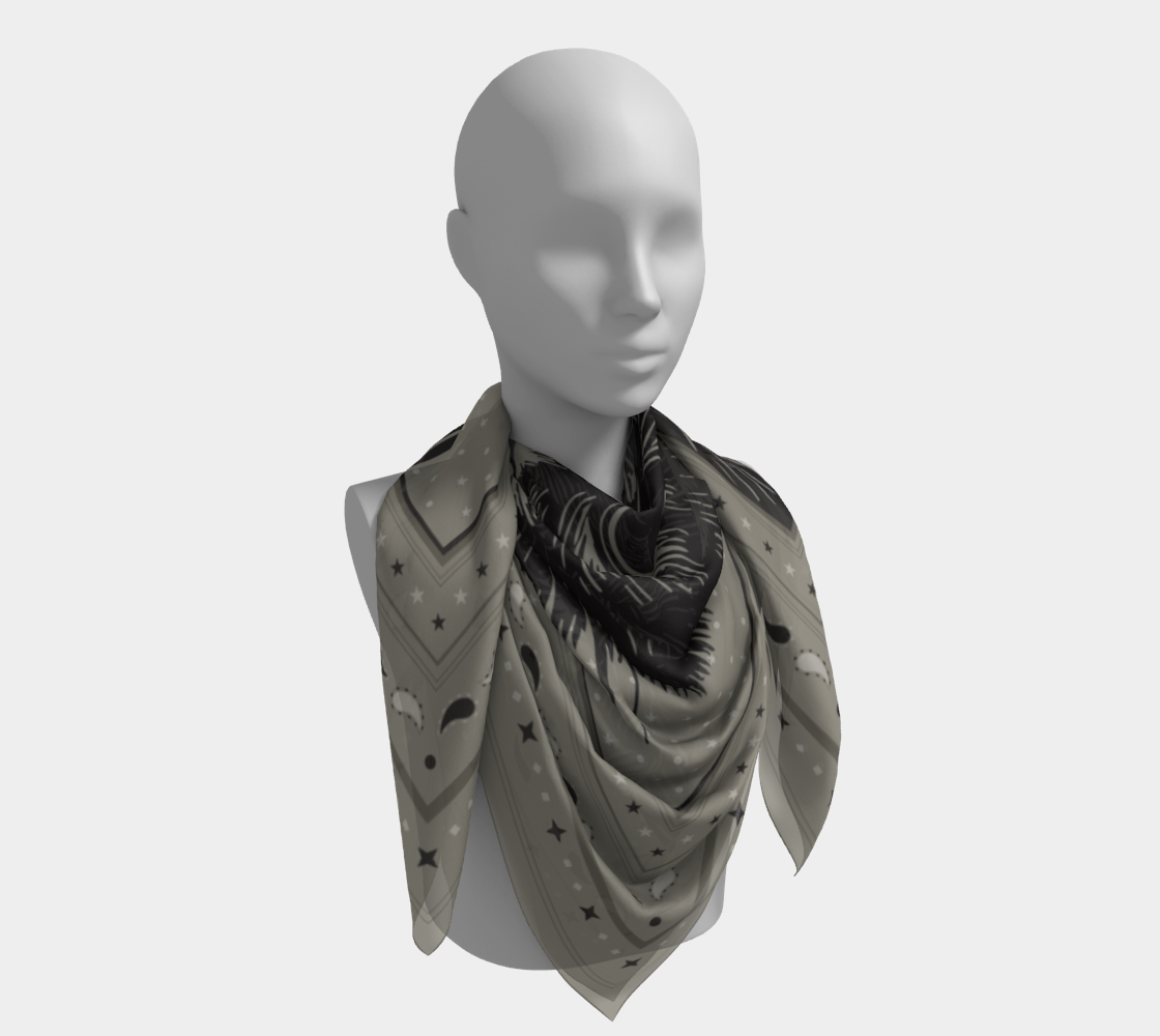 Styled silk scarf with a cat illustration displayed on a mannequin, representing 'Le Chat Zohan' by Leeloo + Zohan.