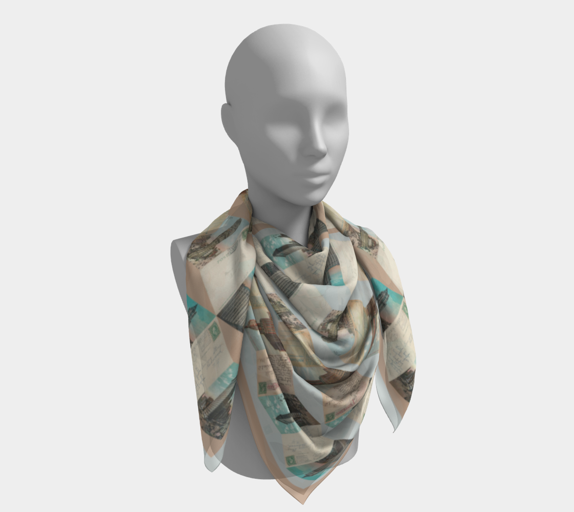 The Manhattan Towers 2.0 scarf by Leeloo + Zohan styled around the neck of a mannequin, featuring a sophisticated design of vintage New York City postcards in silk.