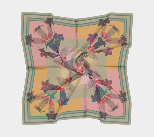 American Folk Art 100% Silk Scarf by Leeloo + Zohan, displaying the scarf draped elegantly with its floral design and colorful patterns.