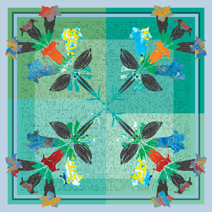 A vibrant silk scarf from the American Folk Art Series showcasing intricate floral designs and bold colors, handcrafted with 100% silk habotai.