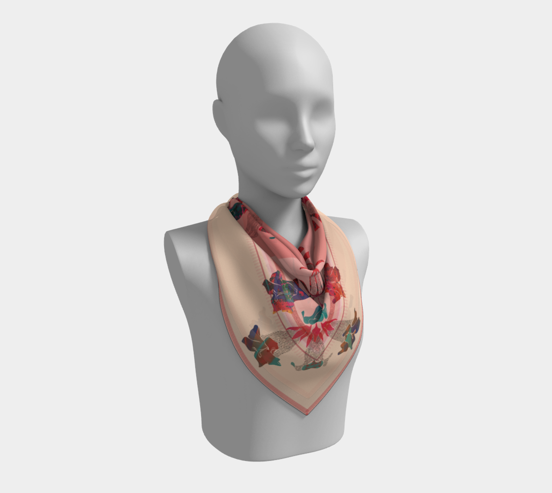 Vibrant 100% Silk Habotai Scarf with Folk Art Design by Leeloo + Zohan, showcasing a sophisticated triangle shape adorned with colorful floral details.