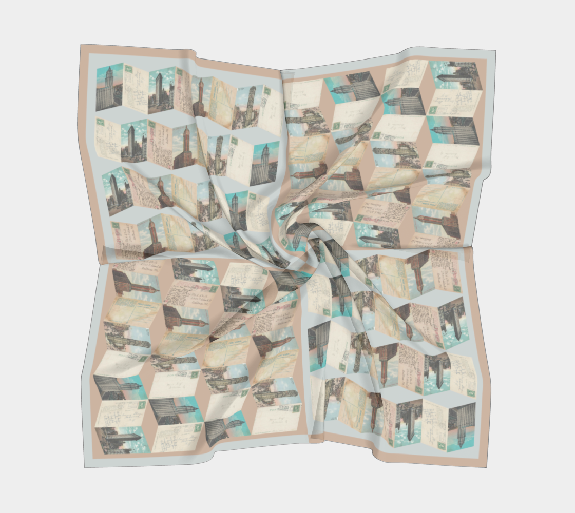 The Manhattan Towers 2.0 scarf by Leeloo + Zohan elegantly displayed, highlighting its unique geometric patchwork of vintage New York City postcards.