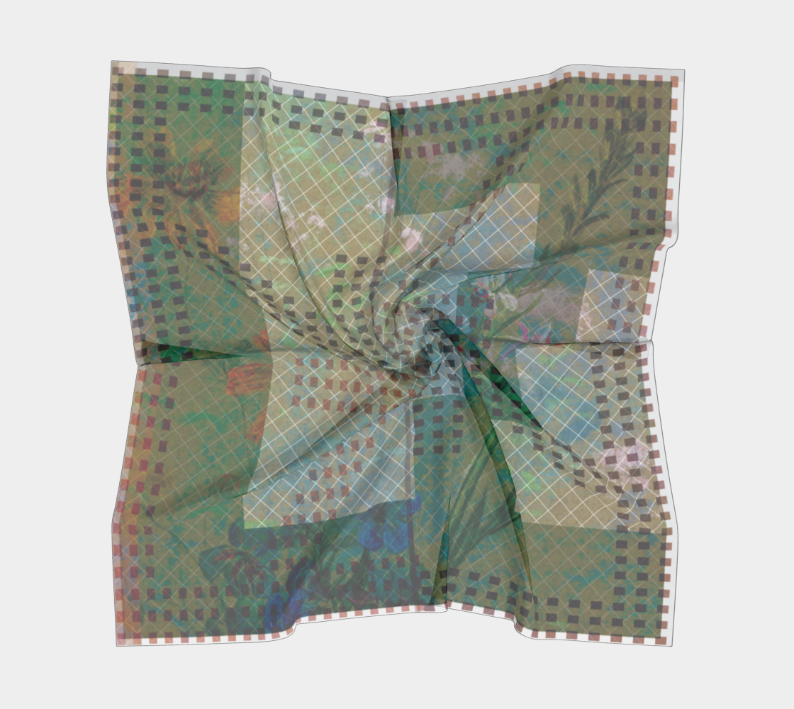 Wrinkled silk scarf with botanical illustration and Leeloo + Zohan logo, presented in a dynamic twist to highlight its luxurious texture.