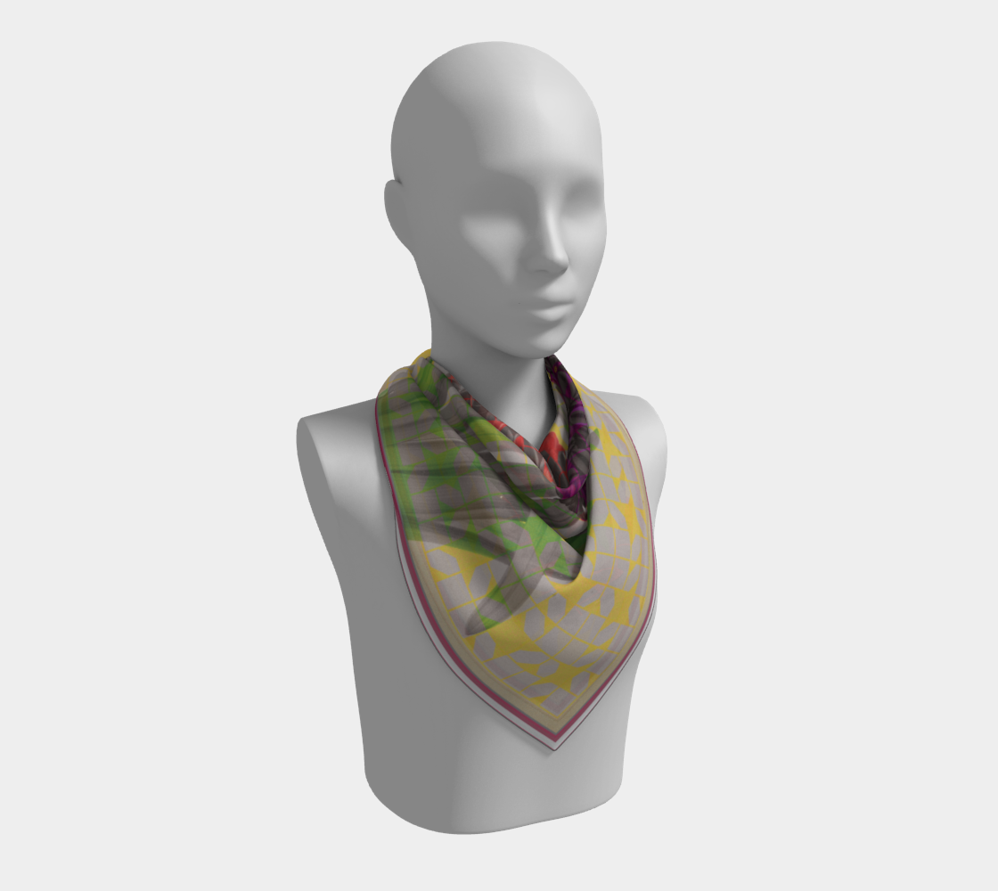 Stylish display of the Solfatara + Mimosa scarf on a mannequin, highlighting its floral art and geometric design by Leeloo + Zohan.