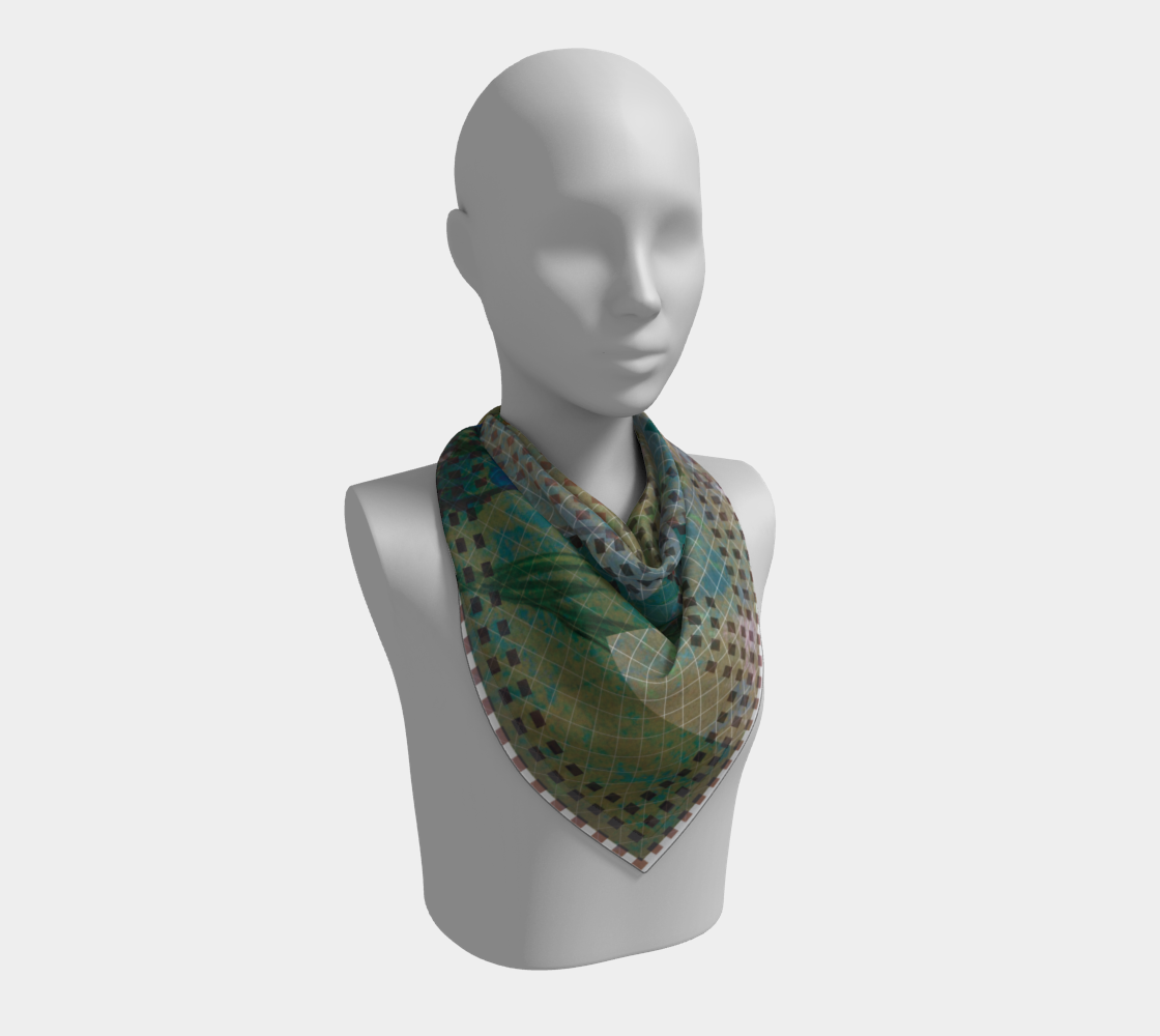 Silk scarf styled on a mannequin, featuring a blend of floral patterns and the Leeloo + Zohan logo, perfect for showcasing modern elegance.