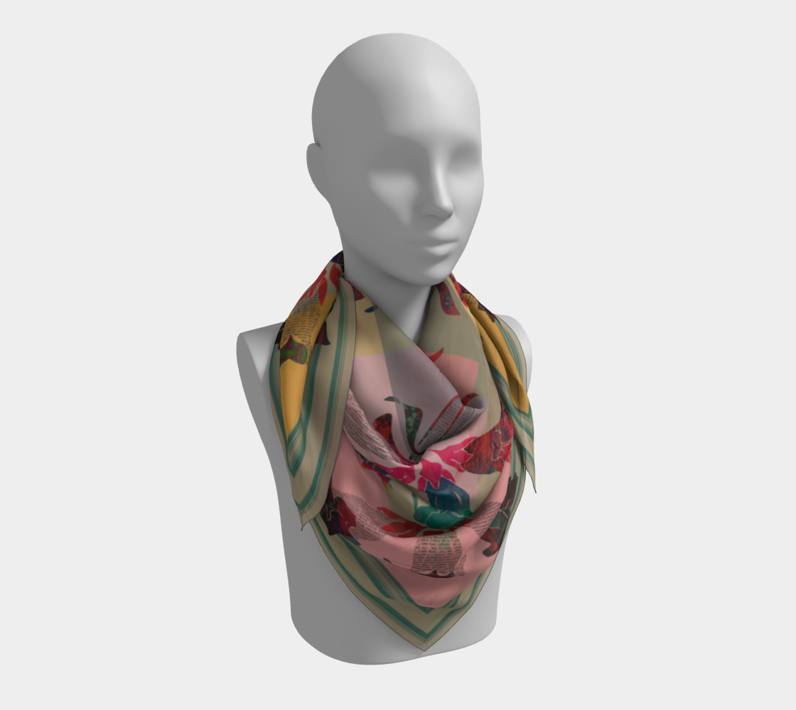 American Folk Art 100% Silk Scarf by Leeloo + Zohan presented on a mannequin, highlighting the intricate floral design and chic fold.