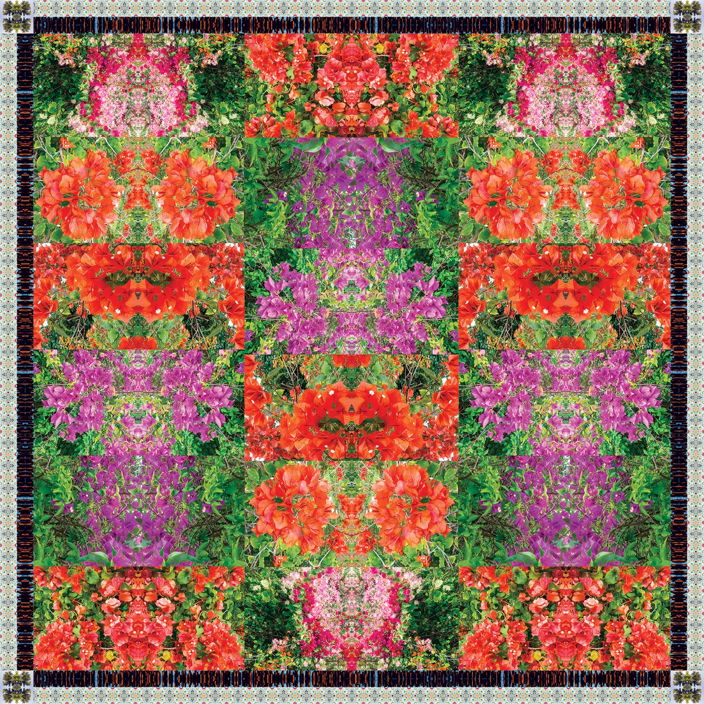 Maui Bloom scarf by Leeloo + Zohan featuring a vibrant floral design with reds, pinks, and purples, showcasing a kaleidoscopic pattern.
