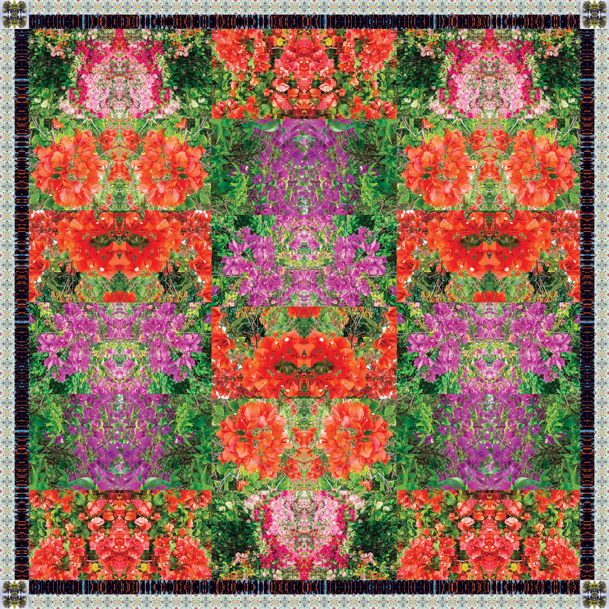Maui Bloom scarf by Leeloo + Zohan featuring a vibrant floral design with reds, pinks, and purples, showcasing a kaleidoscopic pattern.