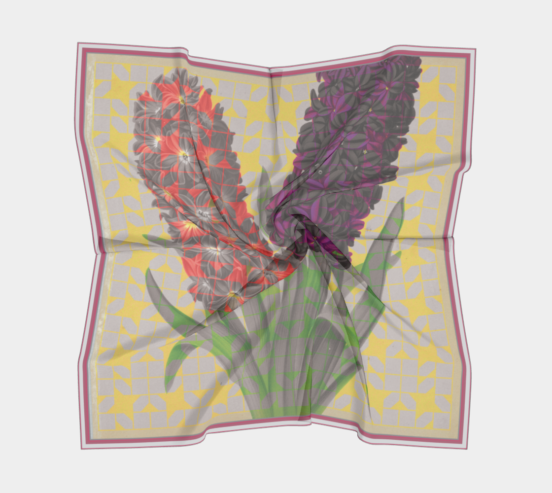 Folded Solfatara + Mimosa silk scarf showcasing intricate floral details and a geometric pattern, made by Leeloo + Zohan.