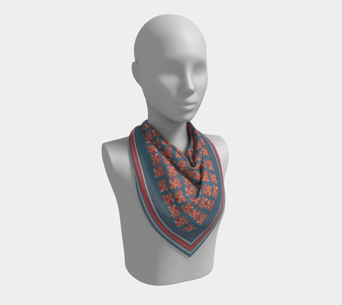Elegant 100% Silk Habotai scarf wrapped around a mannequin, displaying its vintage postcard design with red and white figures against a blue backdrop. Handcrafted by Leeloo + Zohan.