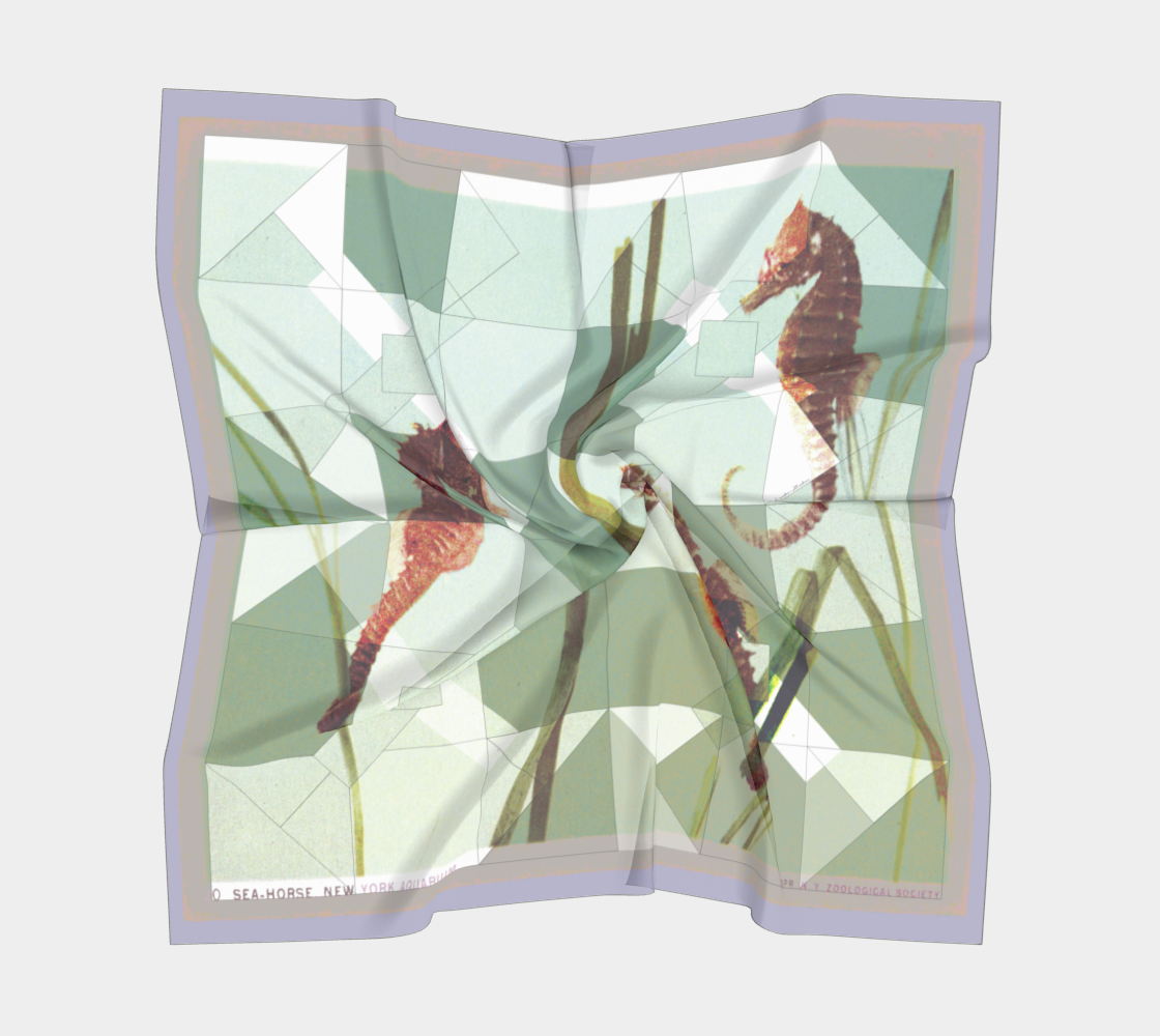 Crinkled silk scarf showcasing sea-horses from New York Aquarium, designed by Leeloo + Zohan, in a blend of nostalgia and modern art.