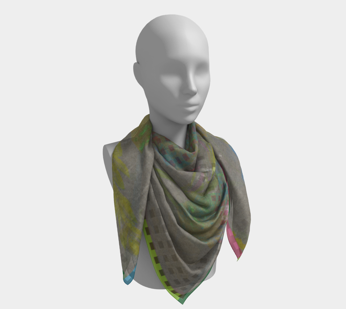 Elegant silk scarf on a mannequin, highlighting colorful floral illustrations inspired by the Smithsonian American Art Museum, designed by Leeloo + Zohan.