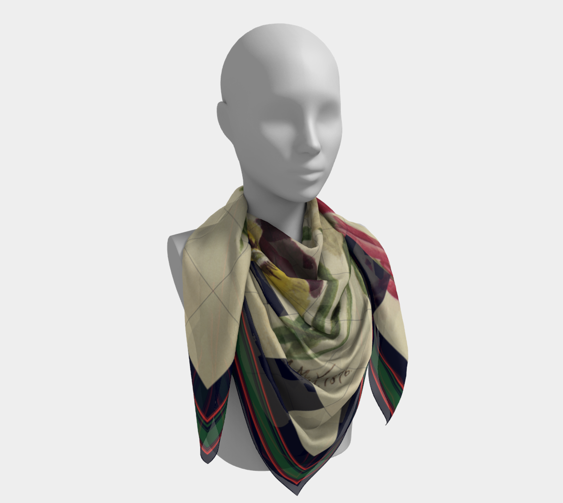 A fashionable silk scarf featuring a beautiful floral artwork with a checkerboard pattern, designed by M.M.V. for the Smithsonian American Art Museum, offered by Leeloo + Zohan.