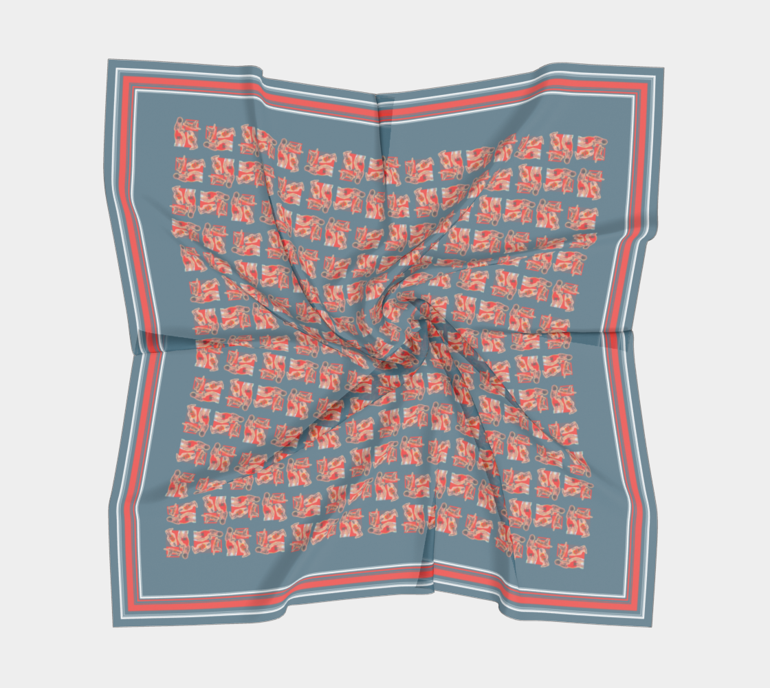 Stylish folded 100% Silk Habotai scarf showcasing vintage postcard design with a repeating pattern of red and white figures on a blue background. Designed by Leeloo + Zohan.