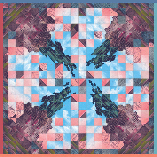 Colorful silk scarf featuring a geometric collage design inspired by the Statue of Liberty, handcrafted by Leeloo + Zohan, titled Statue of Liberty 1.2.