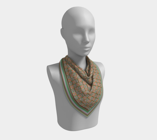 Beach People 2.0 Vintage Inspired 100% Silk Habotai Scarf by Leeloo + Zohan displayed on a mannequin, highlighting its colorful design and luxurious fabric.
