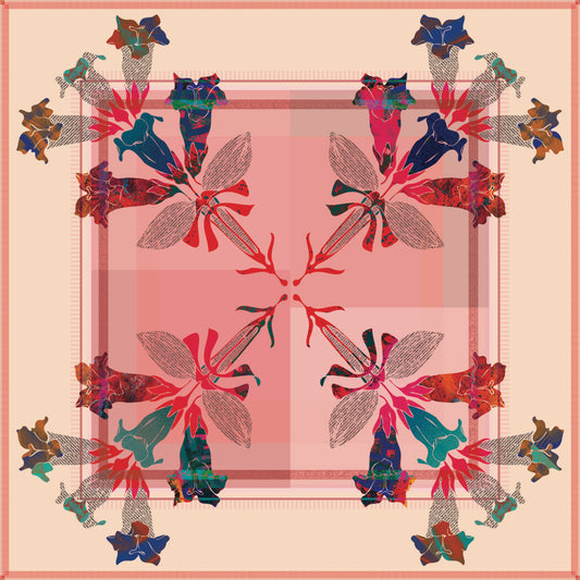 Vibrant 100% Silk Habotai Scarf with Folk Art Design by Leeloo + Zohan featuring colorful floral patterns on a pink background, perfect as a statement accessory.