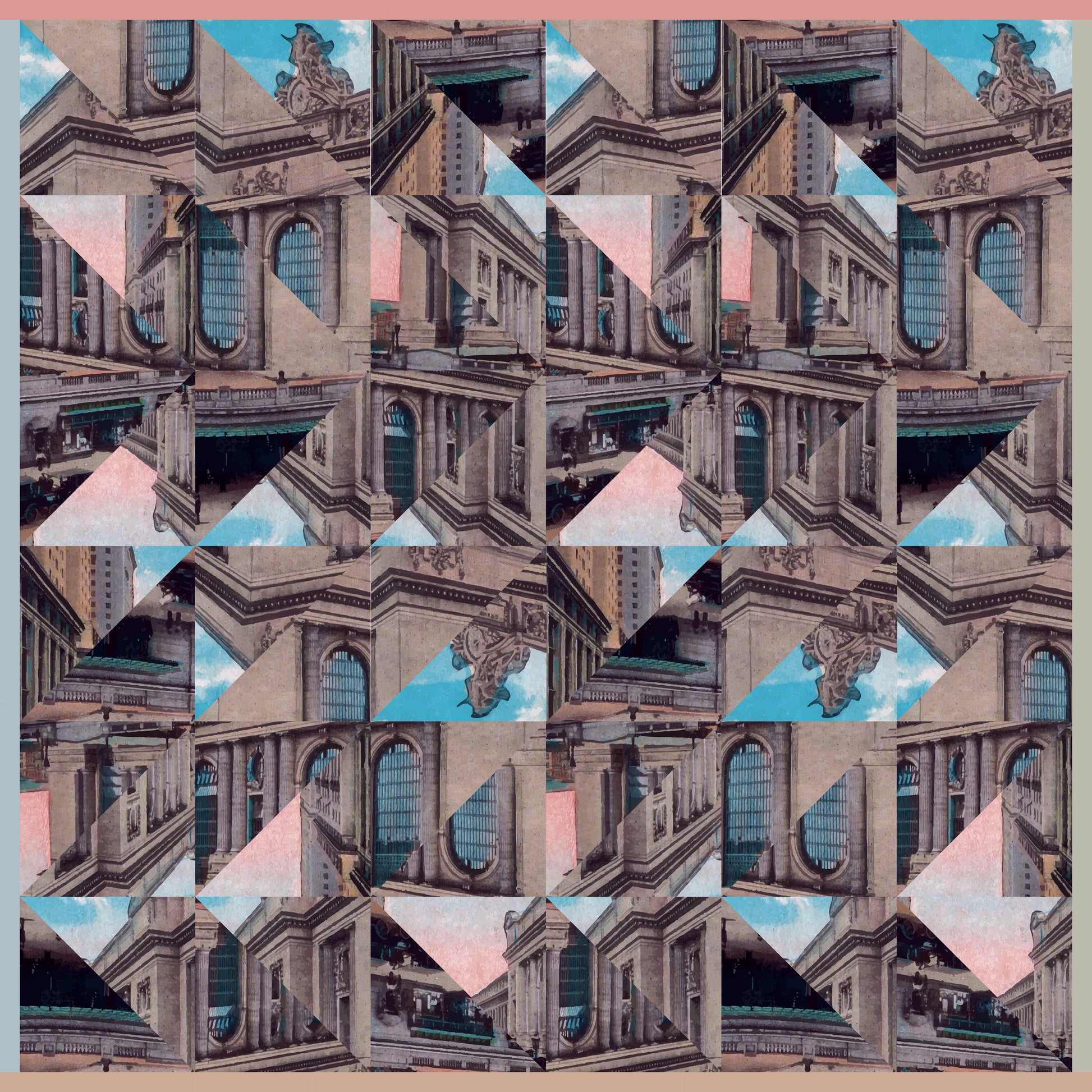 Geometric collage scarf design featuring Grand Central Terminal, handcrafted from 100% silk habotai by Leeloo + Zohan.