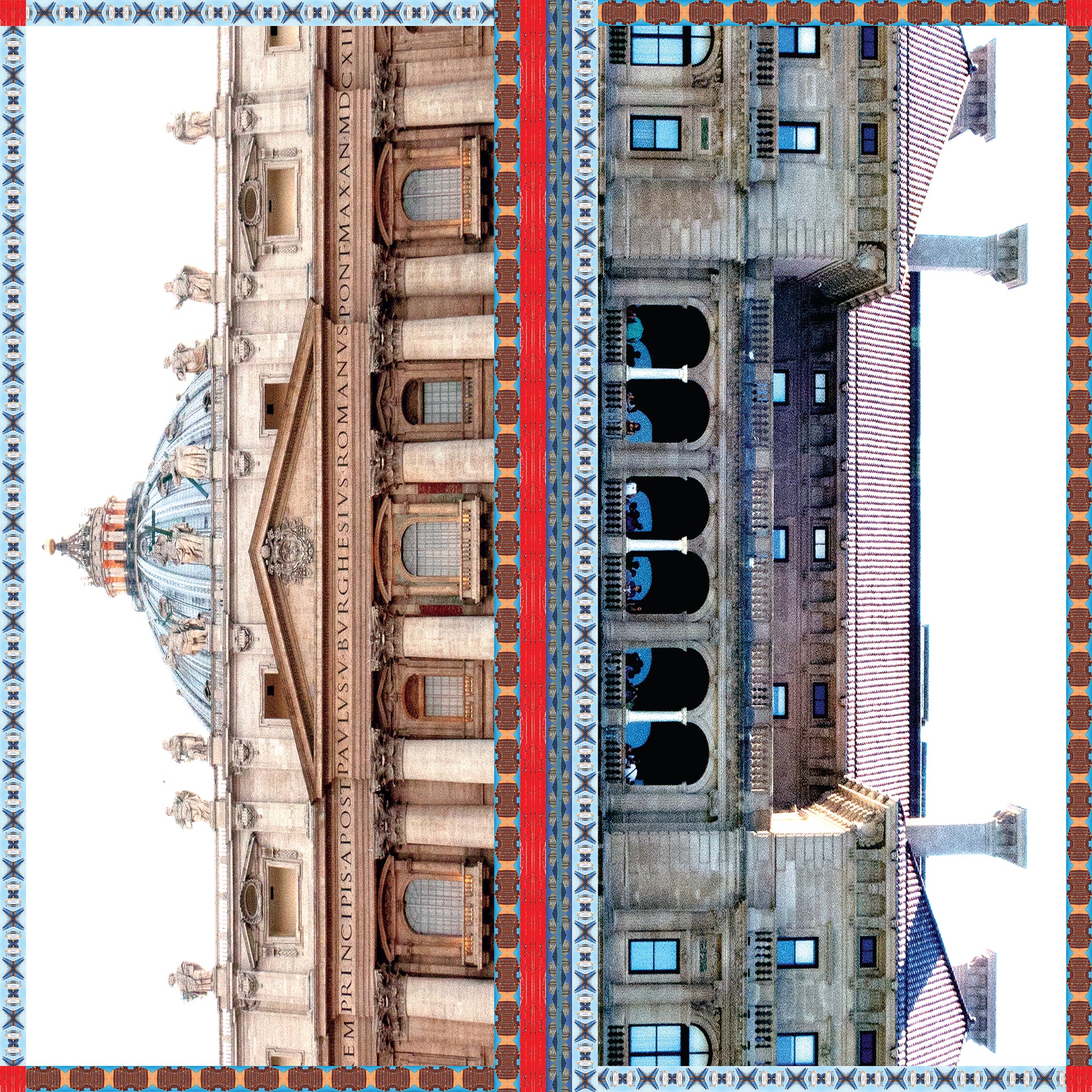 Elegant scarf design featuring The Vatican and The Breakers by Leeloo + Zohan, showcasing architectural details with a luxurious silk habotai finish.