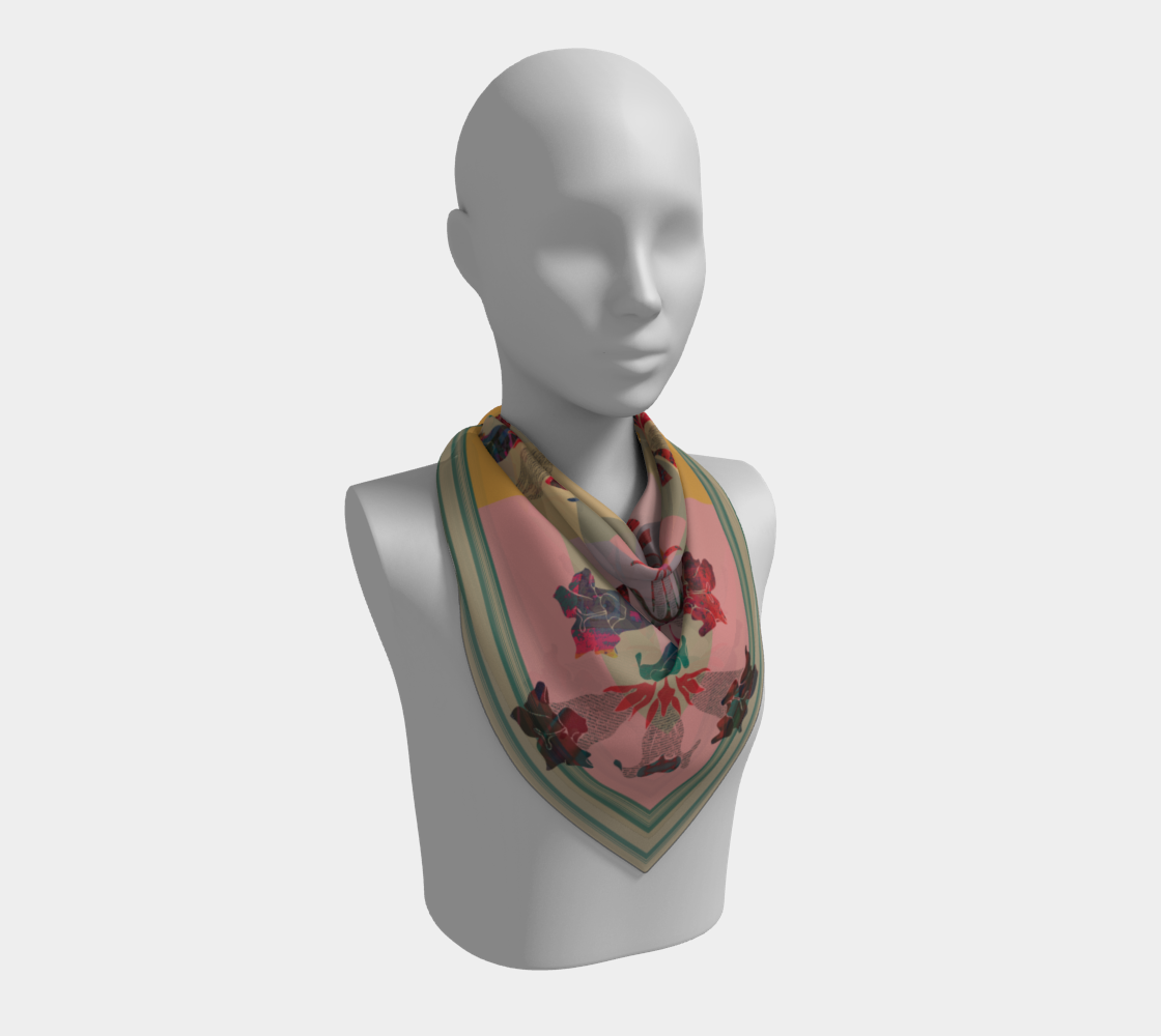 American Folk Art 100% Silk Scarf by Leeloo + Zohan styled on a mannequin, showcasing its artistic floral motifs and luxurious silk texture.