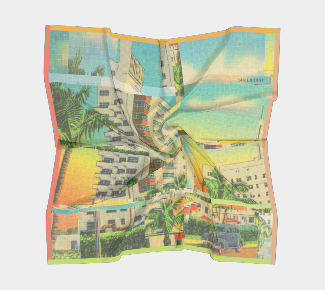 Silk scarf showcasing a twisted design of the Shelborne Hotel vintage postcard, designed by Leeloo + Zohan.