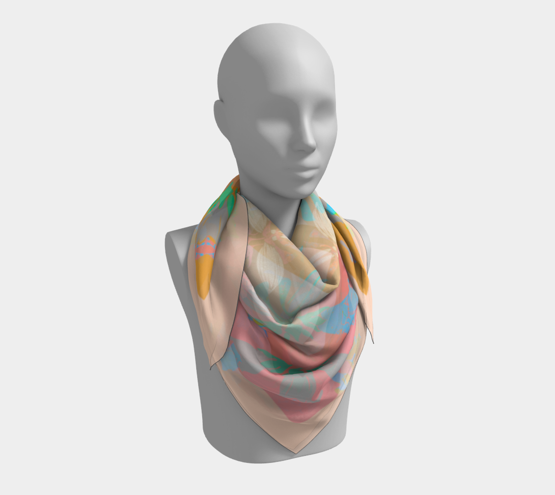 Another view of the American Folk Art Silk Scarf by Leeloo + Zohan on a mannequin, emphasizing its vibrant design and luxurious silk.