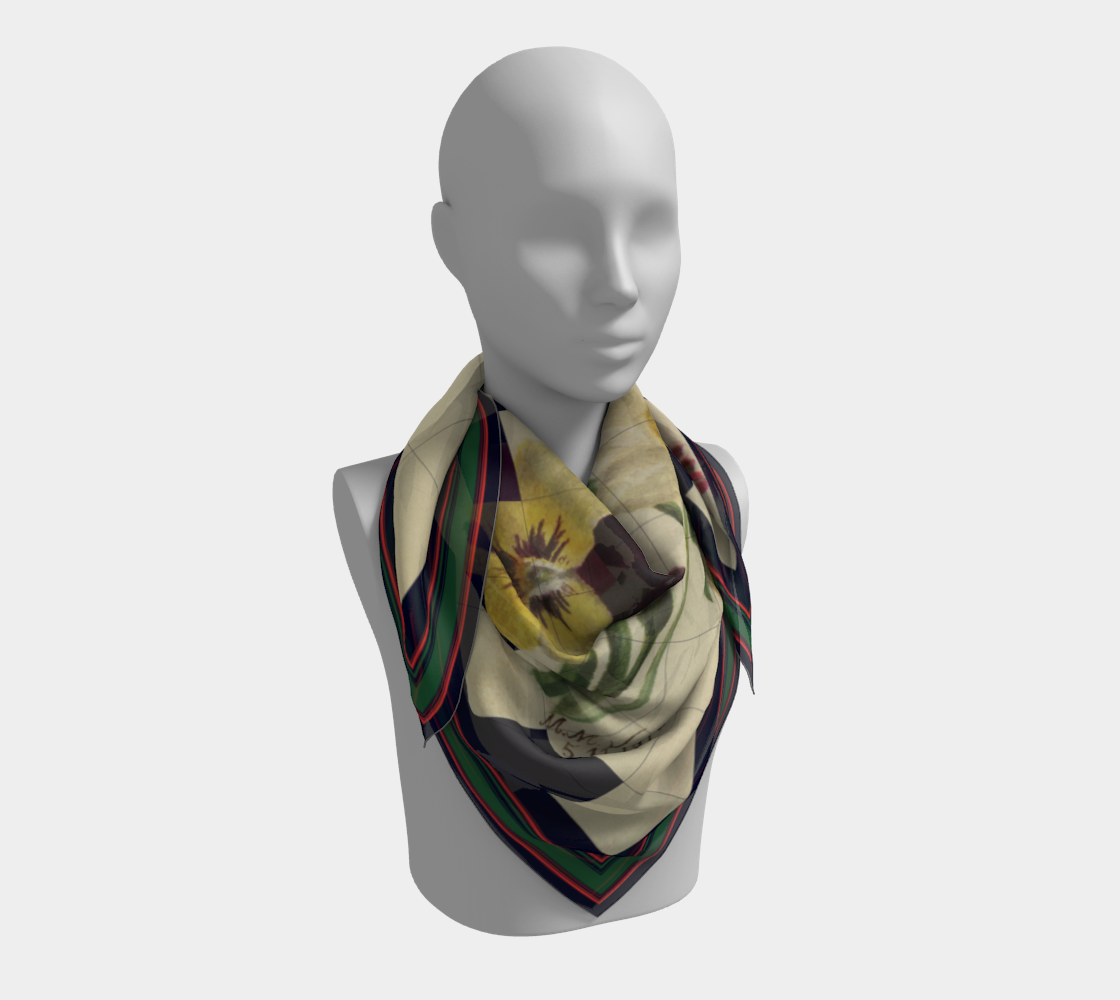 Silk scarf elegantly wrapped around a mannequin, showcasing a colorful floral design attributed to M.M.V. from the Smithsonian American Art Museum, created by Leeloo + Zohan.