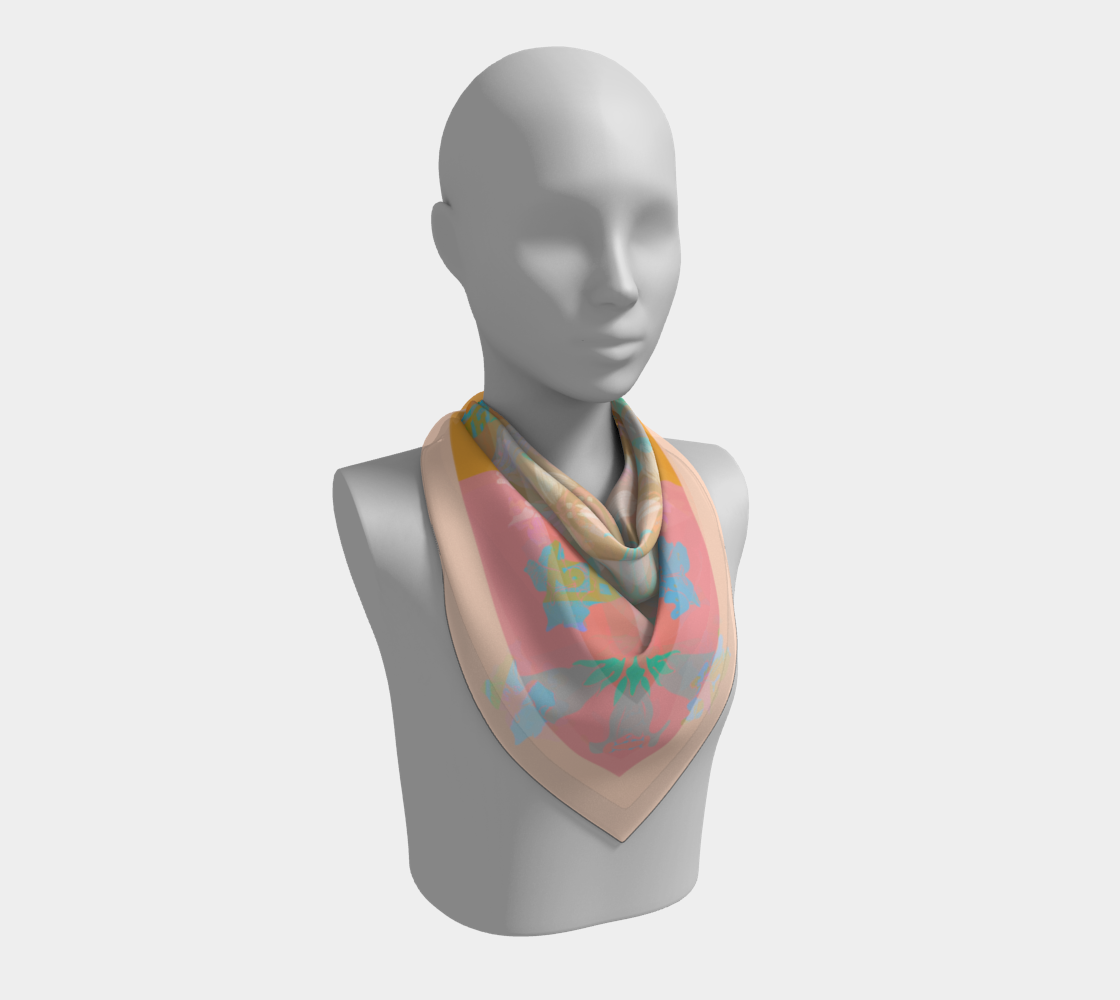 American Folk Art Silk Scarf styled on a mannequin, showcasing the colorful floral pattern by Leeloo + Zohan.