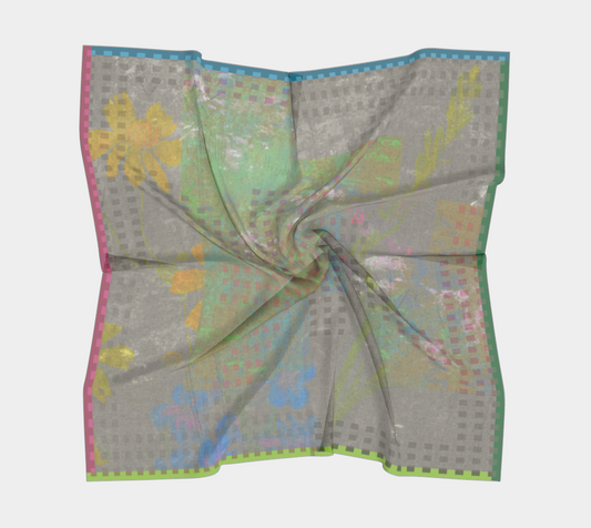 Draped silk scarf with floral motifs and a structured grid pattern, showcasing the design from the Smithsonian American Art Museum by Leeloo + Zohan.