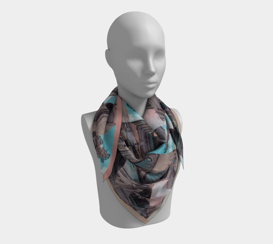 Stylish scarf draped on a mannequin, depicting a vintage postcard design of Grand Central Terminal, crafted by Leeloo + Zohan.