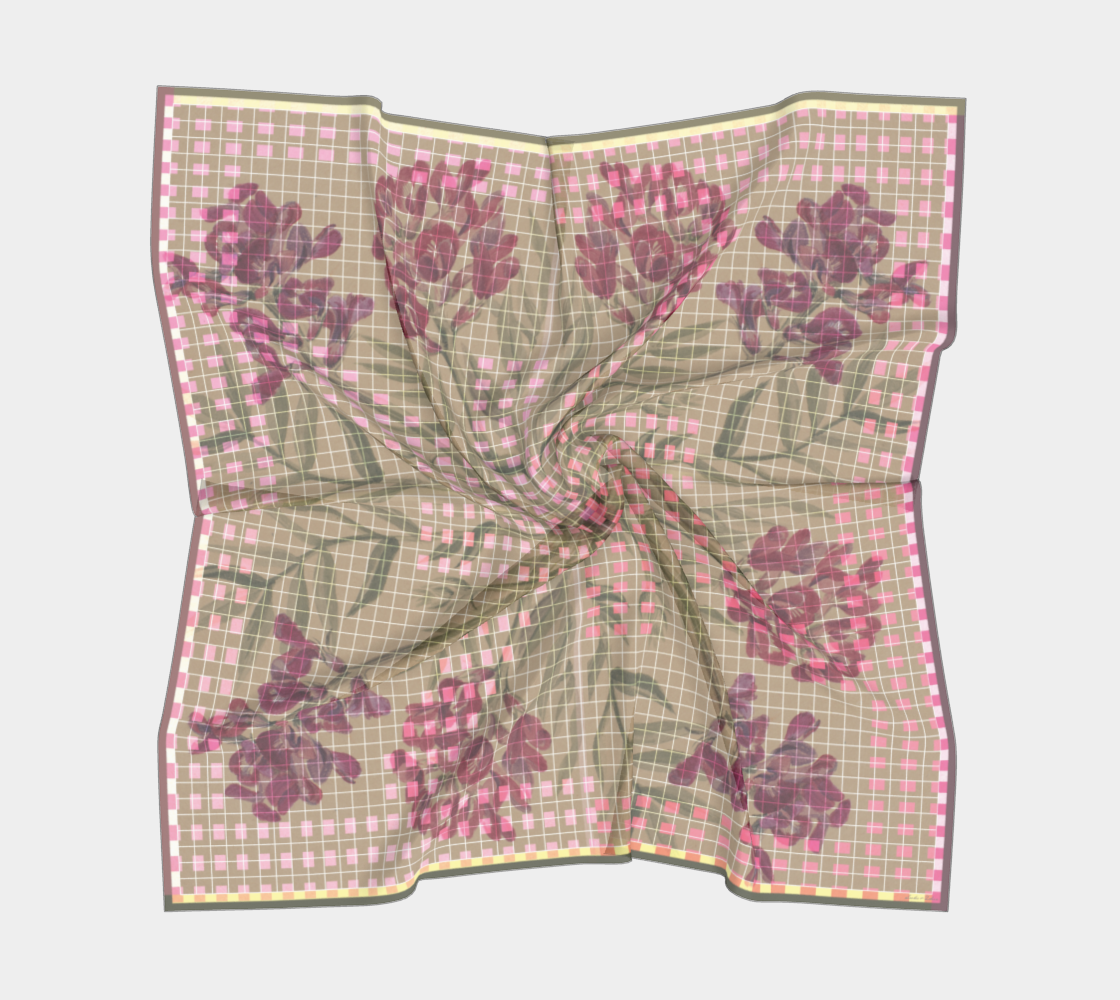 Twisted silk scarf showcasing layered floral and grid design in pink and taupe, created by Leeloo + Zohan, titled 'Smithsonian American Art Museum, Flowers from The Mesa'.