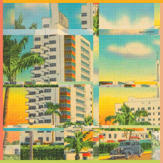 Art Deco design scarf featuring the Shelborne Hotel in Miami, crafted by Leeloo + Zohan.