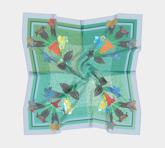 Handcrafted American Folk Art Scarf by Leeloo + Zohan displayed in a twisted position, highlighting its vibrant floral design and luxurious silk habotai texture.