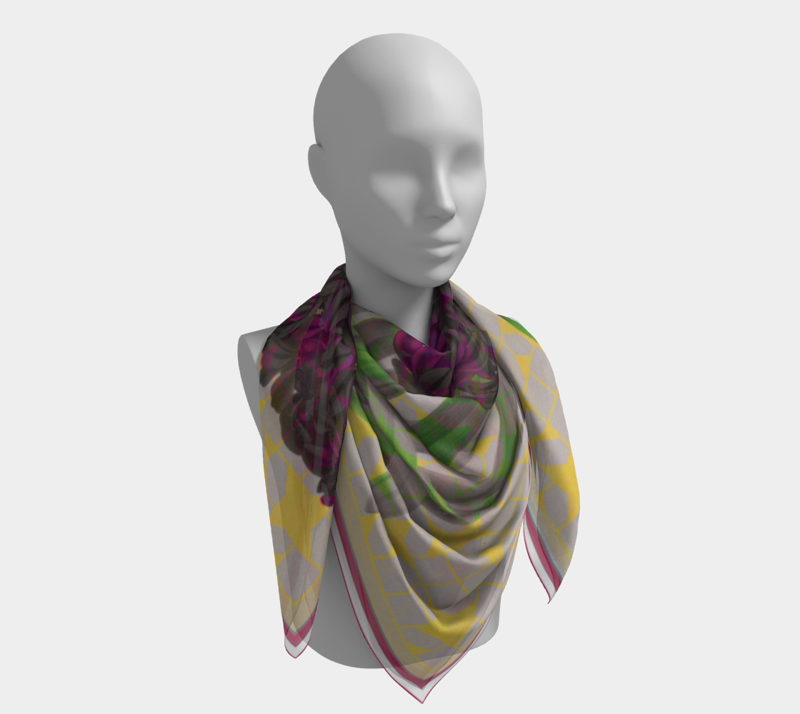 Close-up of the Solfatara + Mimosa silk scarf on a mannequin, emphasizing floral patterns and colors, crafted by Leeloo + Zohan.