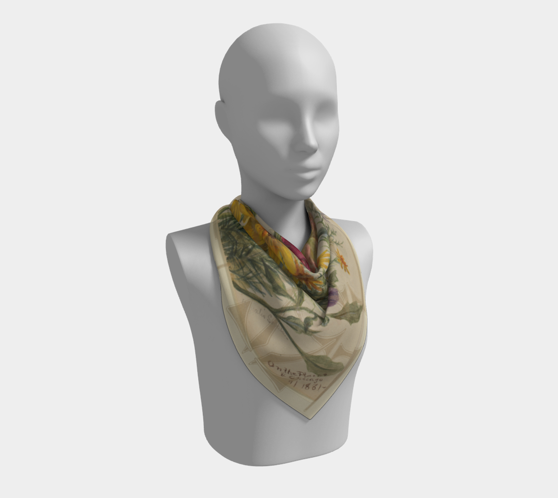 A stylish silk scarf on a mannequin showcasing a floral watercolor artwork inspired by the Smithsonian American Art Museum, designed by Leeloo + Zohan, titled 'On The Plains & Chicago'.