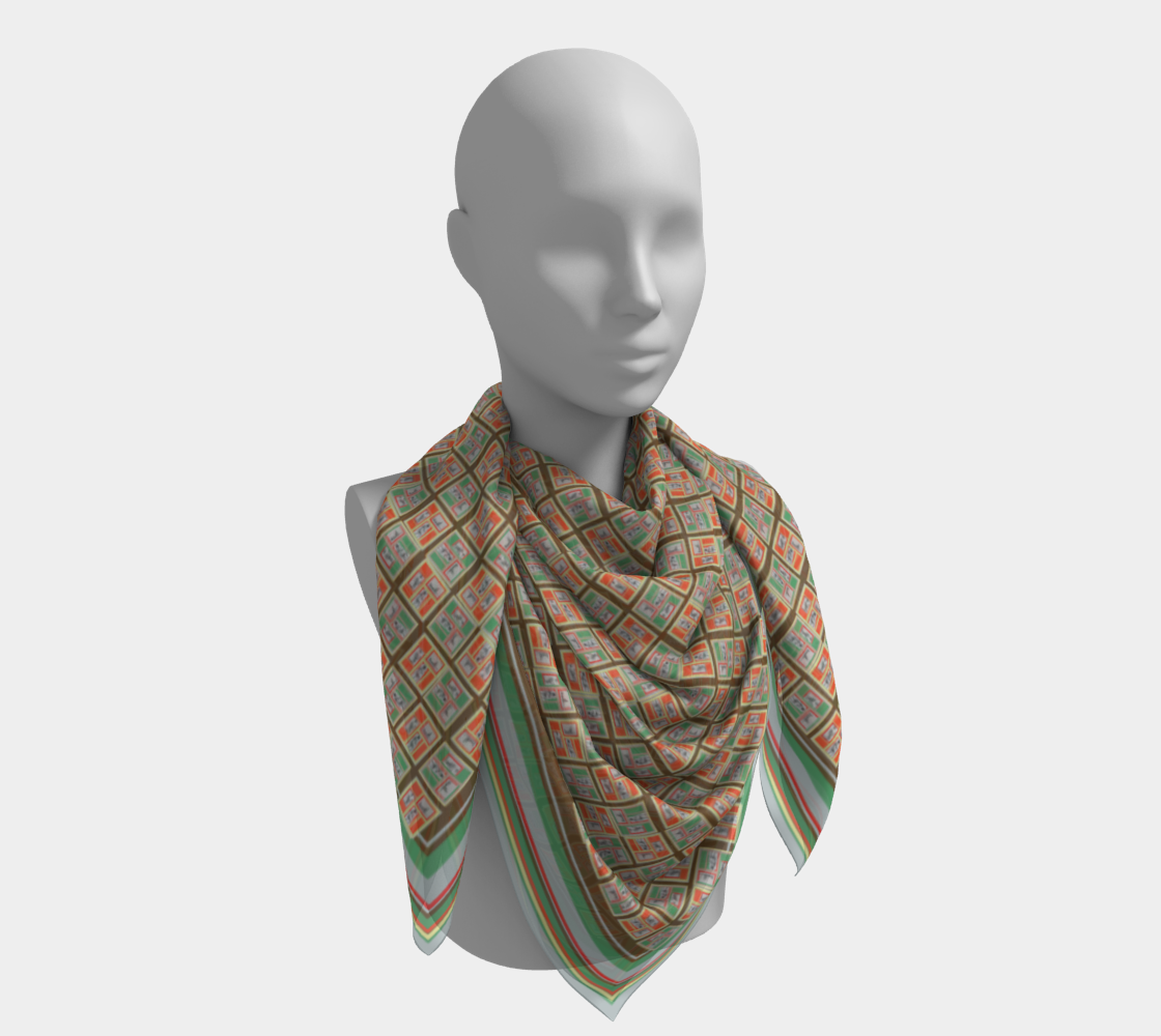 Elegant draping of the Beach People 2.0 Vintage Inspired 100% Silk Habotai Scarf by Leeloo + Zohan on a mannequin, featuring vibrant colors and a retro beach theme.