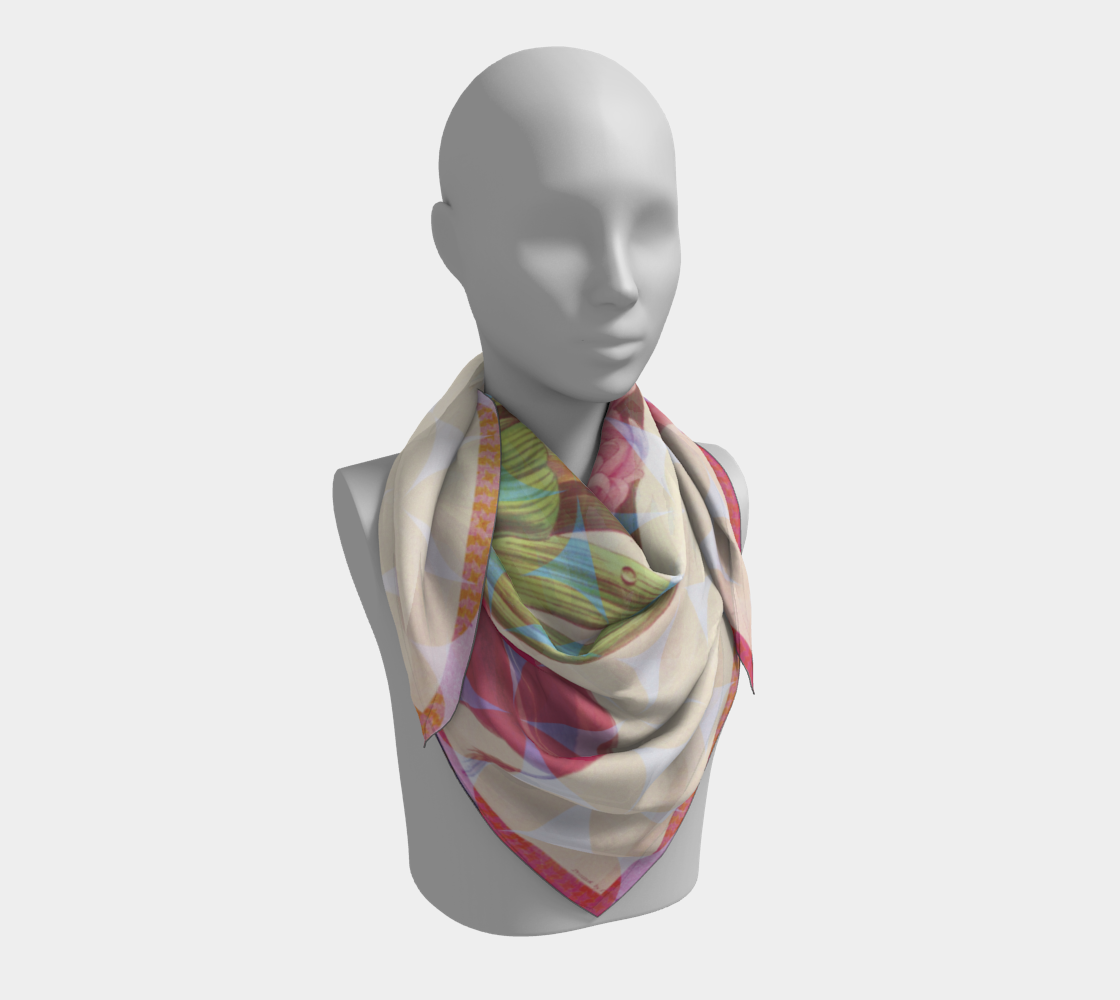Another view of Smithsonian American Art Museum Hyacinth Duke of Wellington silk scarf by Leeloo + Zohan shown on a mannequin emphasizing the artistic floral design.