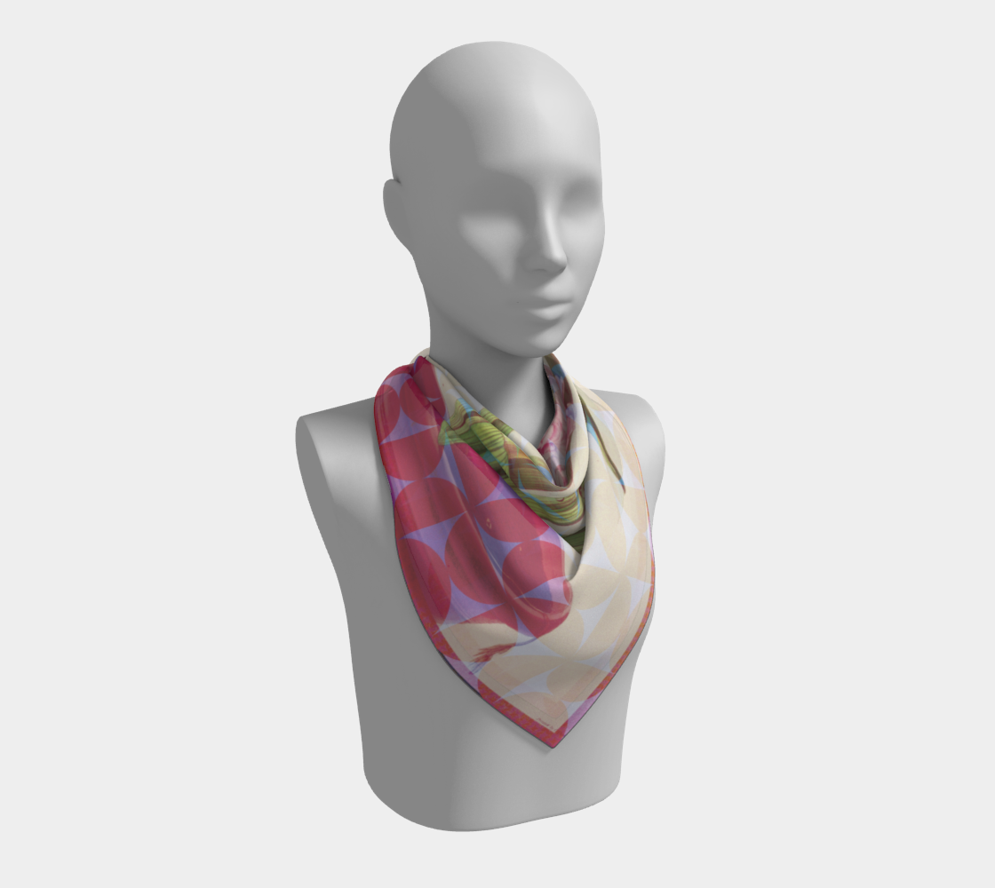 Styled Smithsonian American Art Museum Hyacinth Duke of Wellington silk scarf by Leeloo + Zohan displayed on a mannequin revealing intricate colors and patterns.