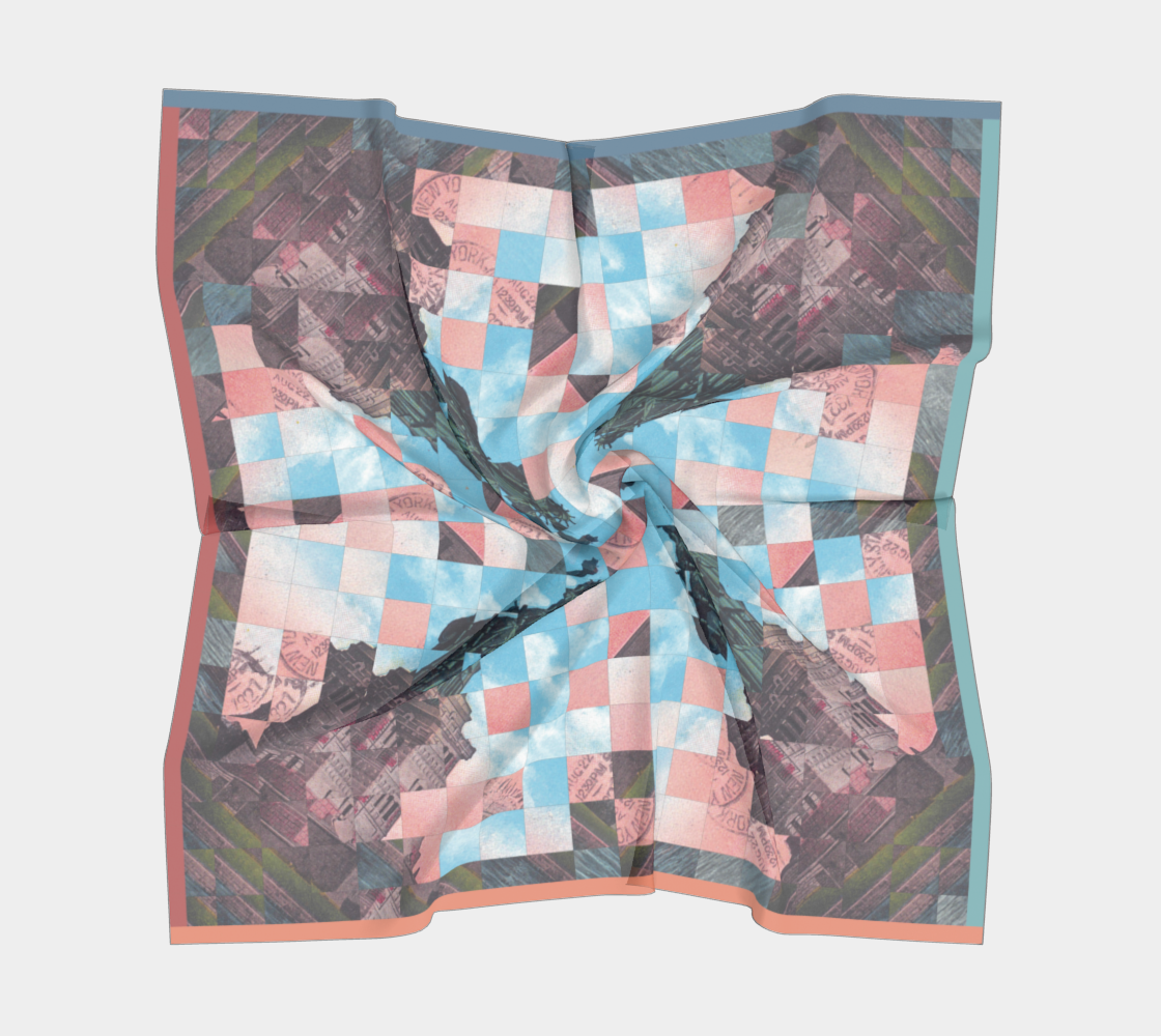 Artistic rendering of a silk scarf with a vibrant spiral design based on the Statue of Liberty, created by Leeloo + Zohan, titled Statue of Liberty 1.2.